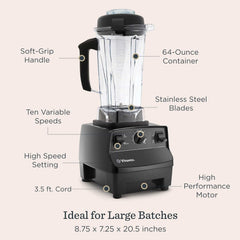 Vitamix 5200 Blender, Professional-Grade Blender for Smoothies, Soups, Ice Cream and More, Stainless-Steel Blades, Self-Cleaning Kitchen Appliance, 64 Oz Container, Black